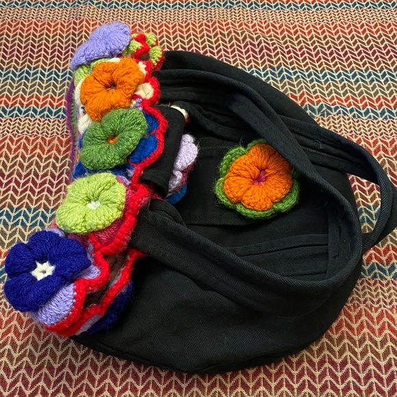 Super Cute Hand Made Unique Crochet Multicolored 3D Floral Black Shoulder Bag - Picture 12 of 15